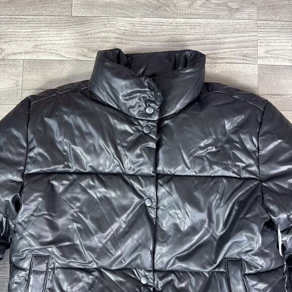 Old Navy Snap Front Faux Leather Puffer Jacket Coat Black sz S - Picture 3 of 7
